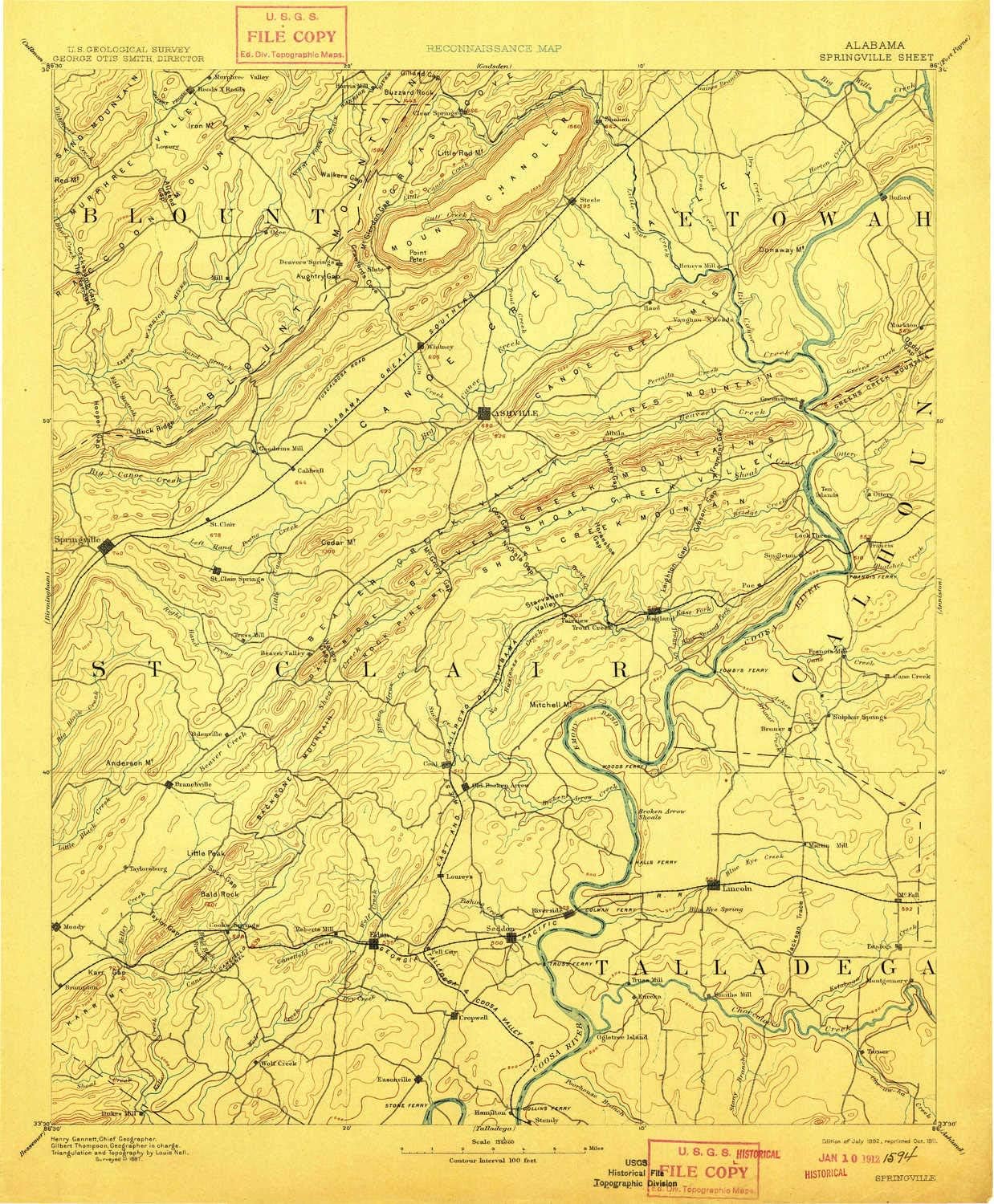 YellowMaps Springville AL topo map, 1:125000 Scale, 30 X 30 Minute, Historical, 1892, Updated 1911, 19.9 x 16.4 in