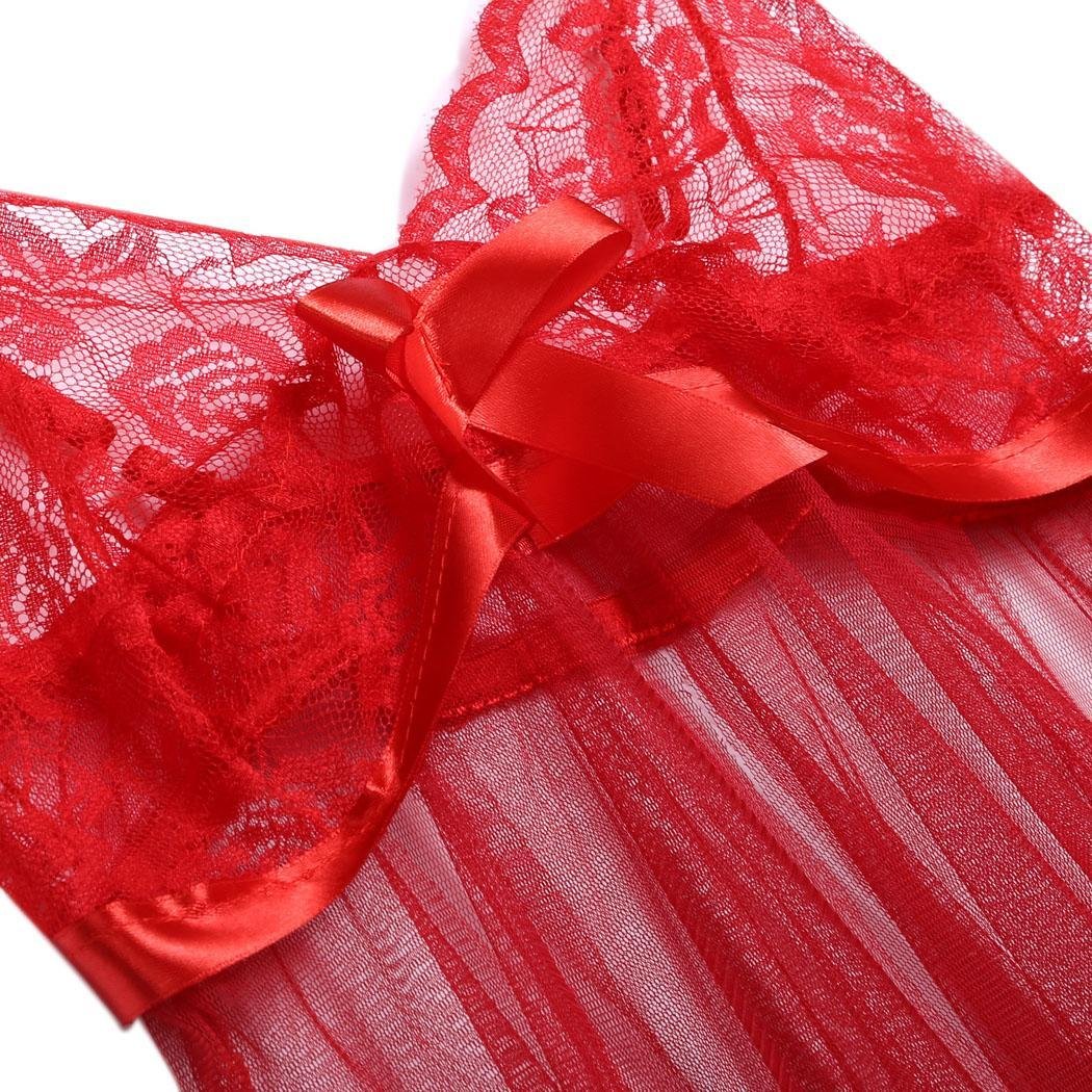 kirken Women Sexy Lingerie Lace See-Through 2 Pieces Babydoll Mini Dress and G-String Red