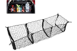 Zento Deals Black Stretchable Mesh Three Pocket Organizer Car Pickup Truck SUV Trunk Cargo Storage Net Holder with Hooks Screws Buttonholes Heavy Duty Premium Quality (44 x 12 x 12 inches)