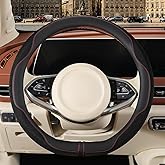 Binsheo Nappa Leather Steering Wheel Cover, Advanced Microfiber Leather Non-Slip Breathable Fabric, Warm in Winter and Cool in Summer, Black, D Shape, 15 inch