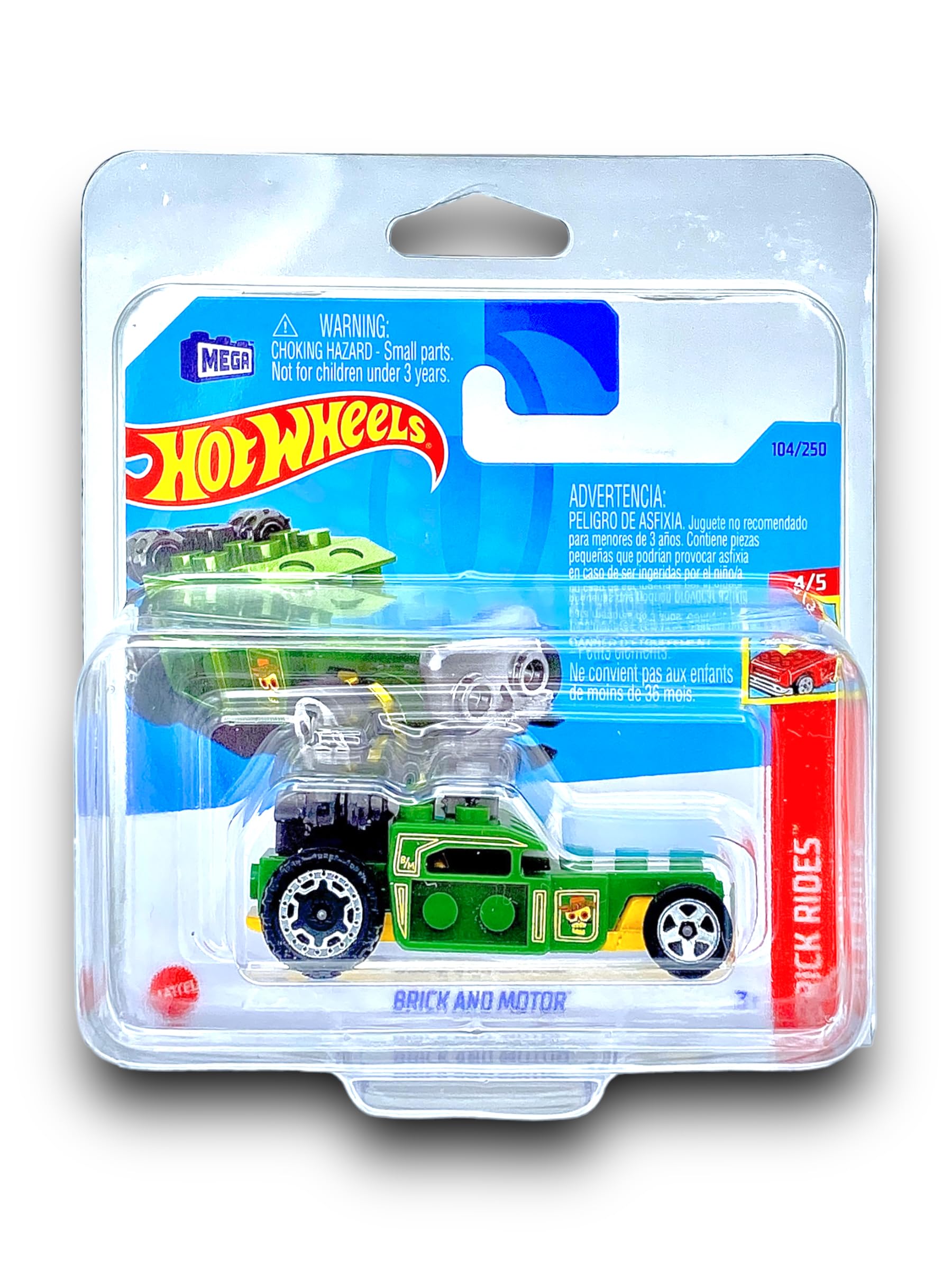 Hot Wheels Brick and Motor (Green & Yellow) - LEGO Compatible Car - 4/5 Brick Rides - 2023-104/250 (Short Card) - COMES IN A KLAS CAR KEEPER PROTECTIVE COLLECTORS CASE - HKJ88