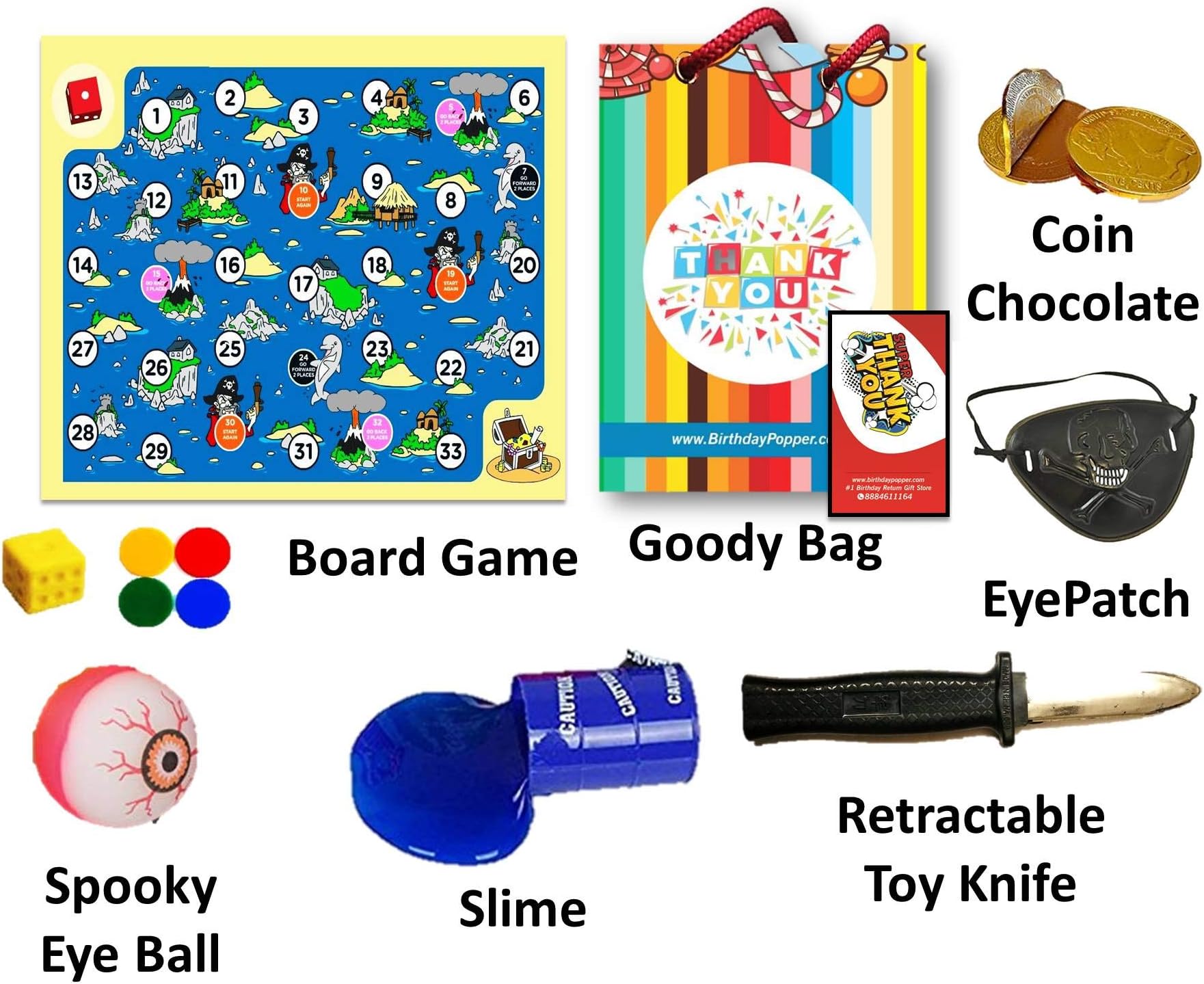Birthday Popper Set of 10 Combo Packs with Goody Bag and Thank You Card (Pirate Combo Pack)