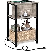 VASAGLE Side Table with Charging Station, 3-Tier End Table with USB Ports and Outlets, Nightstand for Living Room, Bedroom, 11.8 x 13.4 x 22.8 Inches, Plug-in Series, Greige and Black