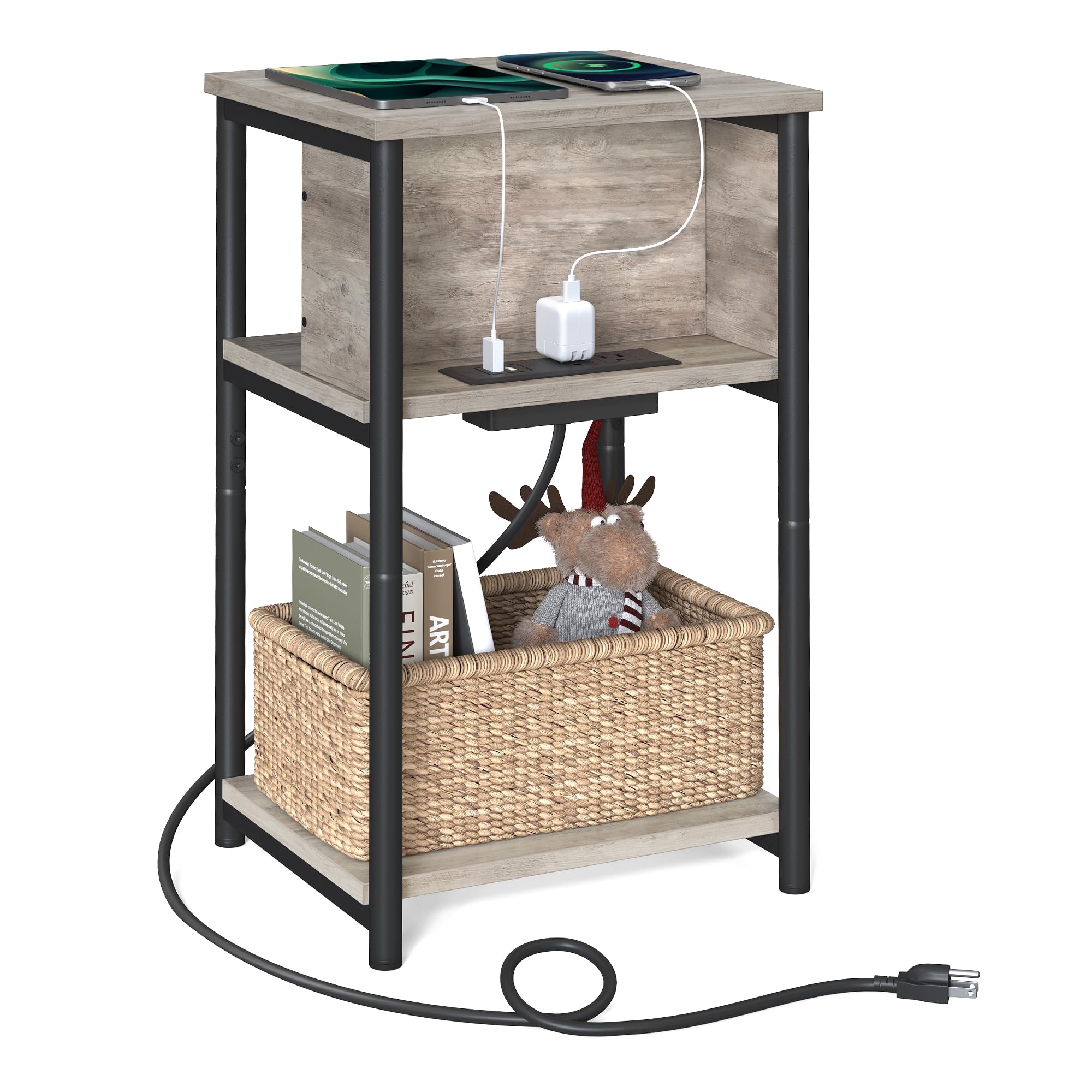 VASAGLE Side Table with Charging Station, 3-Tier End Table with USB Ports and Outlets, Nightstand for Living Room, Bedroom, 11.8 x 13.4 x 22.8 Inches, Plug-in Series, Greige and Black Image