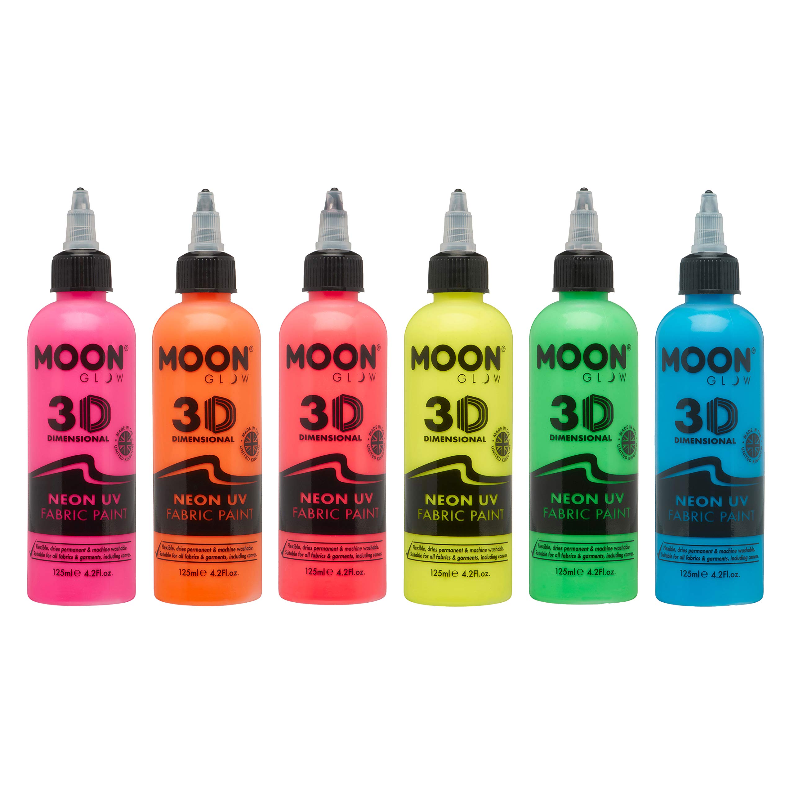 Moon Glow - Neon UV 3D Fabric Paint - 125ml - Textile paint for clothes, t-shirts, bags, shoes & canvas (Set of 6)