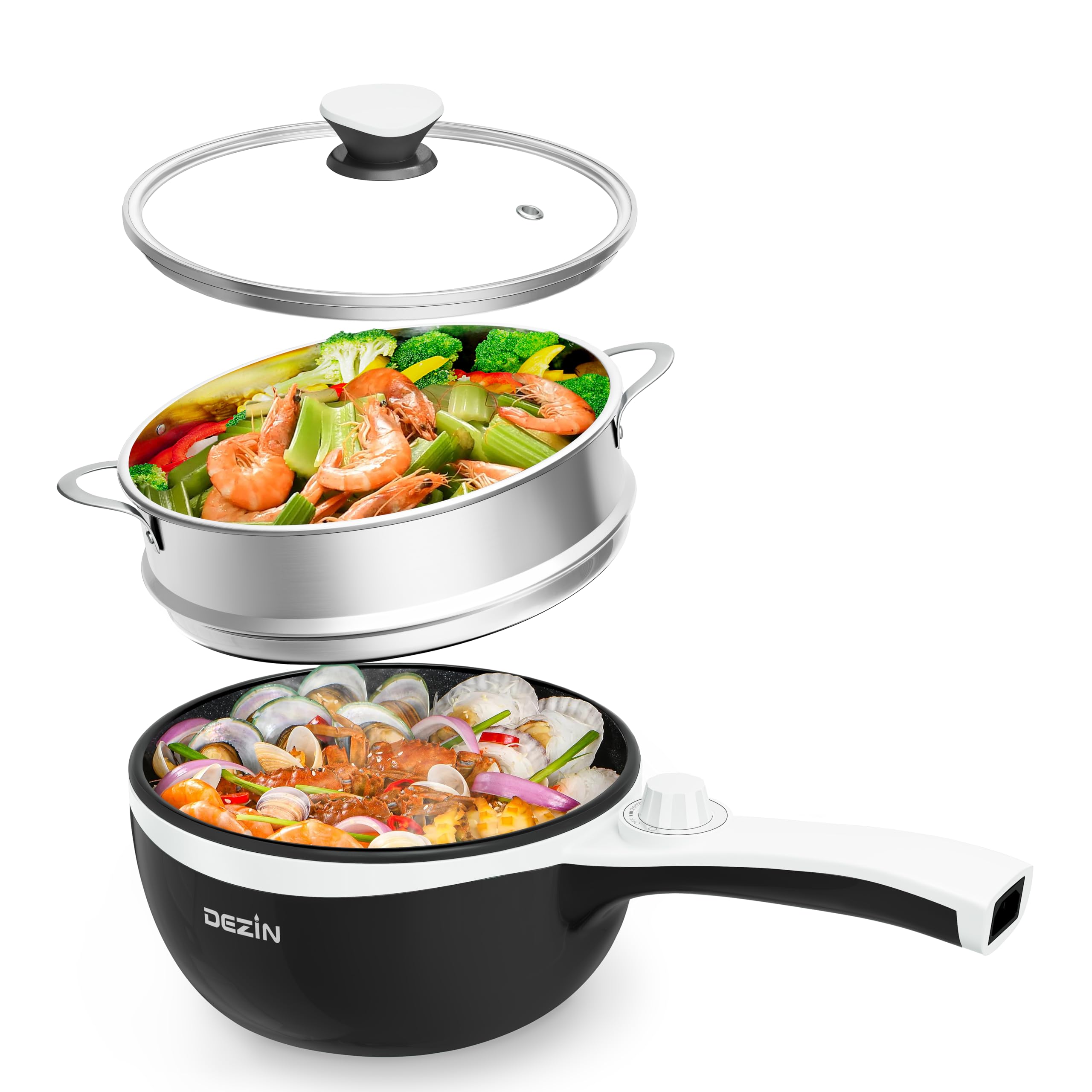 Photo 1 of Dezin Hot Pot Electric with Steamer Upgraded, Non-Stick Sauté Pan, Rapid Noodles Electric Pot, 1.5L Mini Pot for Steak, Egg, Fried Rice, Ramen, Oatmeal, Soup with Power Adjustment