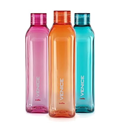 Cello Venice Plastic Water Bottle Set, 1 Litre, Set of 3, Multicolor