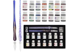 AXEARTE Glass Dip Calligraphy Pen Set, 18-Pieces 14 Color Inks, Pen Holder, Cleaning Cup, 2 Crystal Glass Pens for Art, Writing, Drawing, Signatures, Gift for Kids and Artist