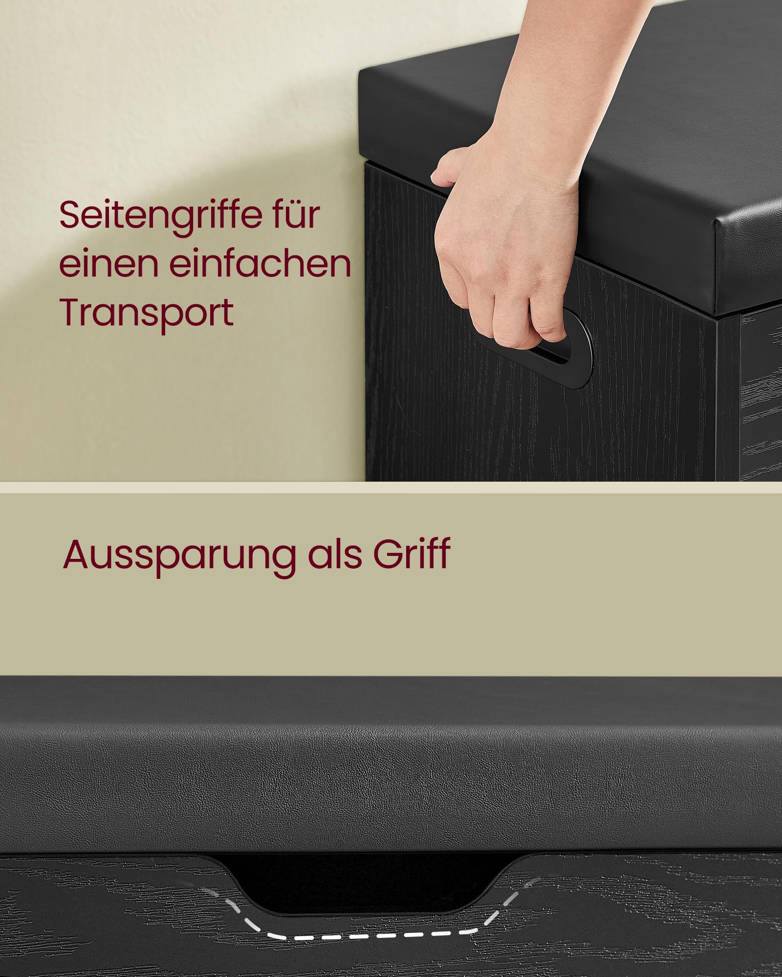 VASAGLE Schuhbank mit Sitzfläche, Sitzbank mit Stauraum, gepolstert, Fach unter Sitzkissen, Schuhregal Wohnzimmer, Flur, bis 136 kg belastbar, 30 x 80 x 44 cm, ebenholzschwarz-tintenschwarz LHS030B03 6