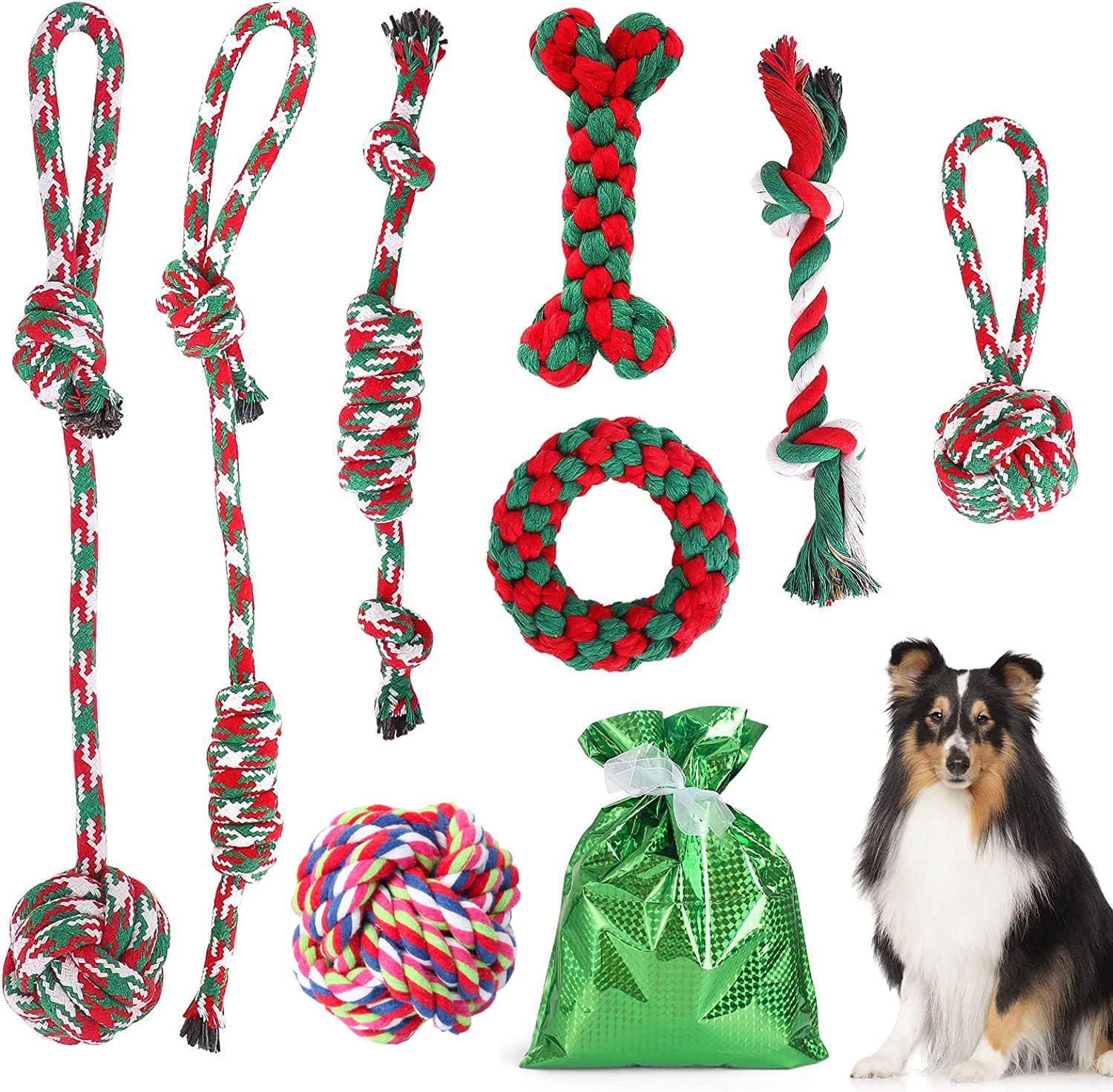 Cymax 8 Pack Dog Puppy Christmas Chew Toy Rope Ball Bone Washable Soft Teething Pet Toys Indestructible Toy Kit Xmas Gift for Small Medium Large Dogs