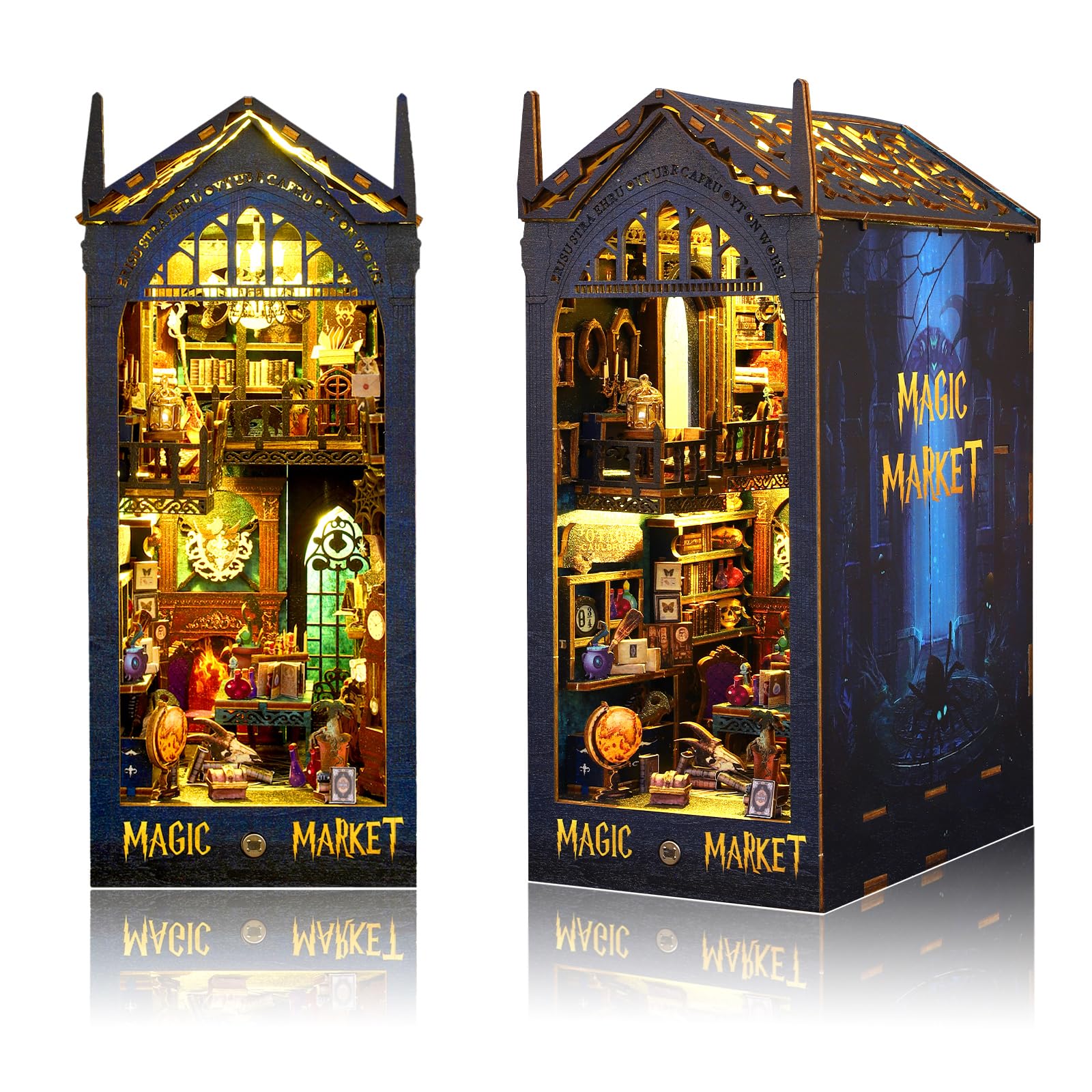 OurMiao Book Nook Kit Magic Market, DIY Booknooks Kit for Adults Teens, Bookshelf Diorama Insert Decor Miniature House Kit Scenes with Sensor Light, 3D Wooden Puzzles
