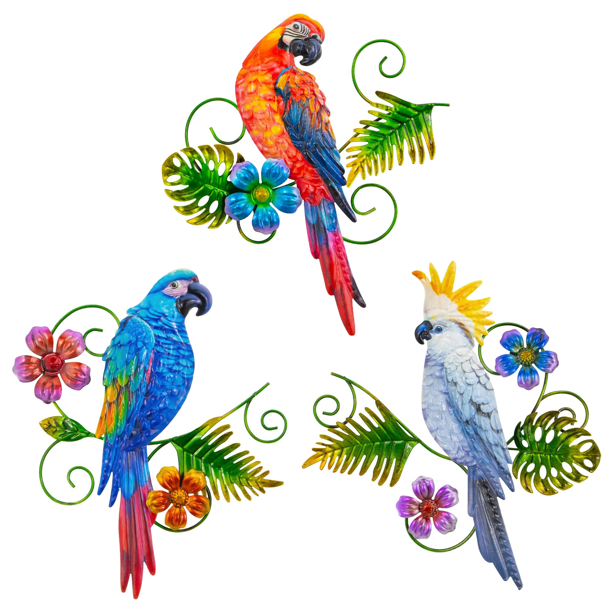 Photo 1 of J-Fly Metal Parrots Wall Decor Outdoor Decorations for Yard Garden Decor, Metal Wall Art Decor, Patio Decorations Outdoor Bird Wall Decor-12 Inches Parrot Large Hanging Wall Decor 3 Pack