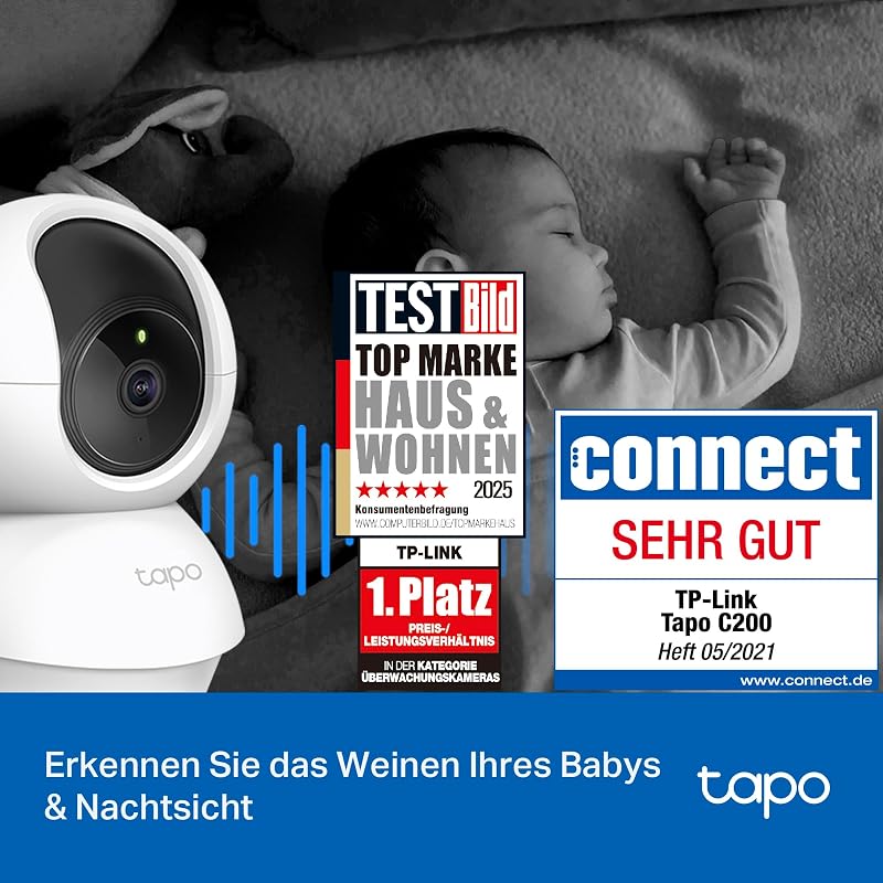 TP-Link C200P2 360° Überwachungskamera für den Innenbereich, 1080P, Nachtsicht, Bewegungserkennung, Zwei-Wege-Audio, kompatibel mit Alexa&Google Assistant, für Babys/Haustiere, 2 stück C200