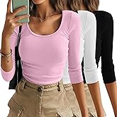 Xaatren 3 Pack Women's 3/4 Sleeve T Shirts Basic Scoop Neck Ribbed Knit Slim Fit Tops 2025 Summer Casual Tight Tees(Black, White, Pink,Large)