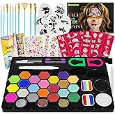 Face Painting Kit for Kids 24 Colors Water-Based Non-Toxic Face Paint Palette With Brushes&Stencils, Hair Chalk, Gems, Glitters, Crayon, Halloween Makeup Kit for Parties, Cosplay, Face Body Art