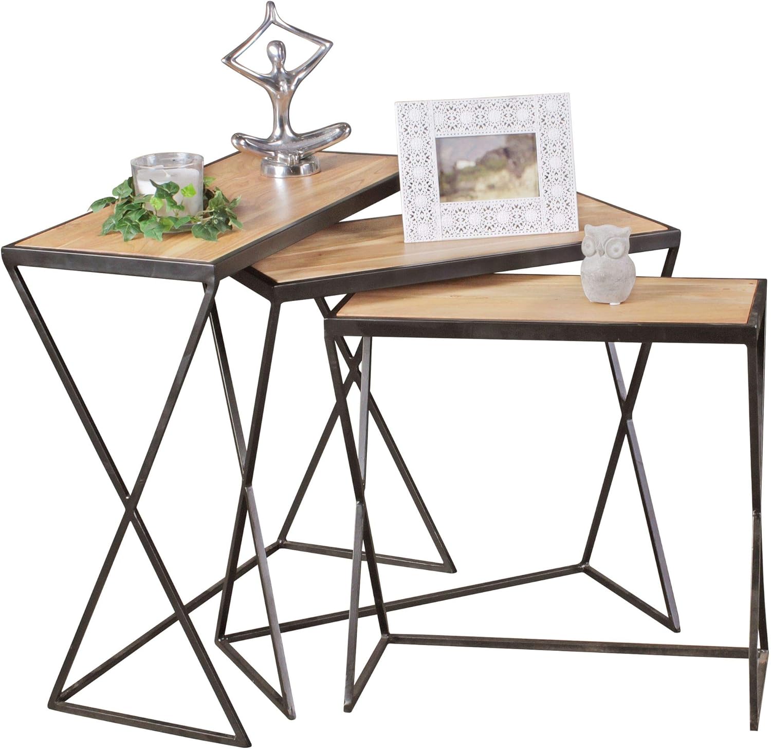 Finebuy Design Side Tables Set Of 3 Akola Acacia Nest Metal Legs Work Tables Nest Of 3 Tables Solid Wood Coffee Table Set Mix Amazon De Kuche Haushalt