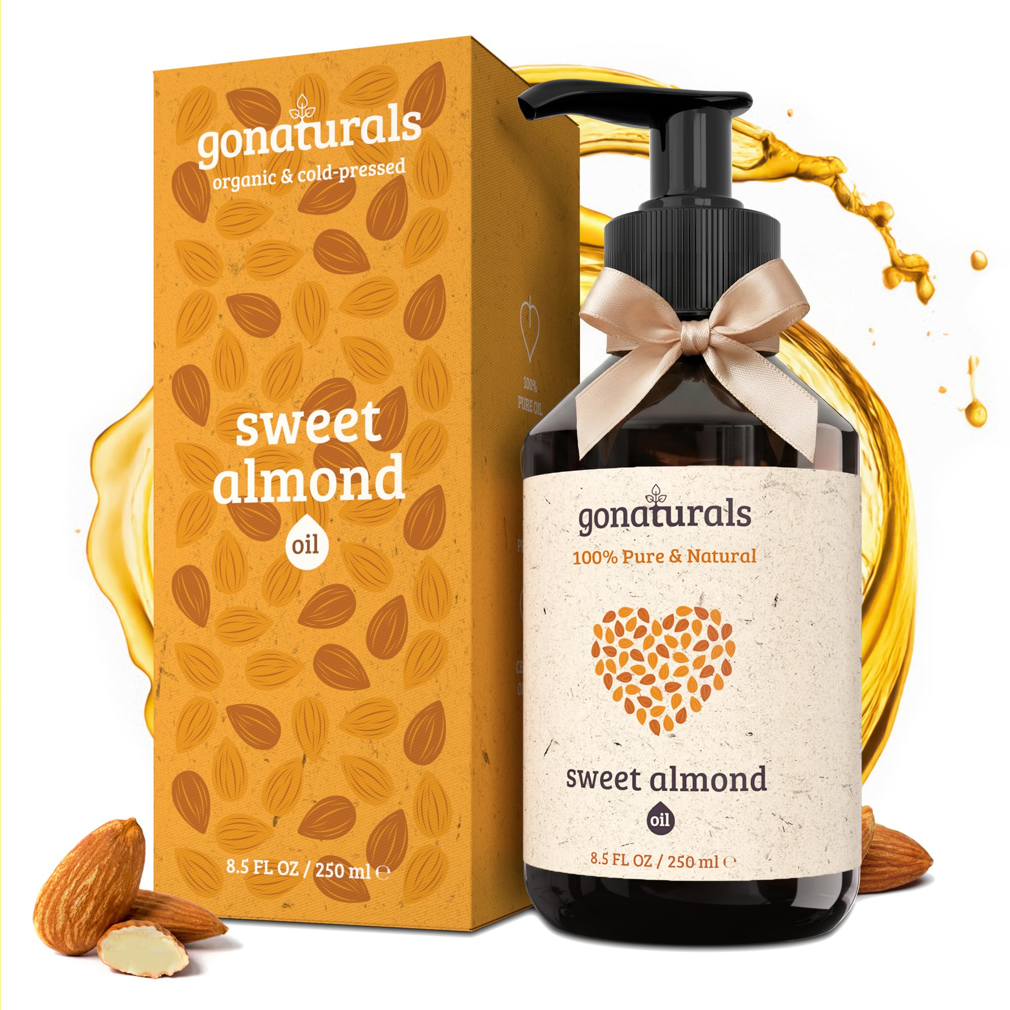 GONATURALS Sweet Almond Oil 250ml – 100% Pure Cold-Pressed for Skin, Face, Hair, Beard, Scalp, Nails, Massage, Pregnancy, Baby Care, Makeup Cleanser – Hydrating, Vegan, Made in Germany