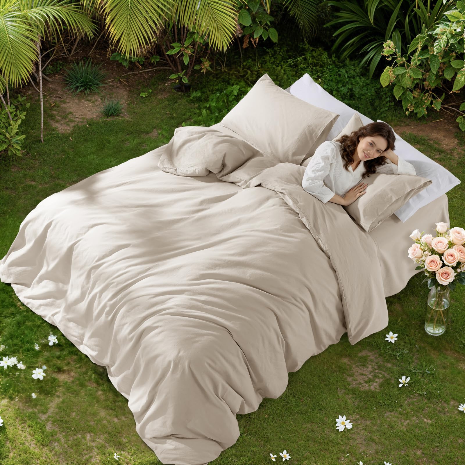 Photo 1 of RTHX92N 100% Linen Duvet Cover Set Queen Size, Pure Natural French Flax Linen Duvet Cover, Breathable for Hot Sleepers, Zipper Closure & Corner Ties - 3 Piece (Linen,Queen)