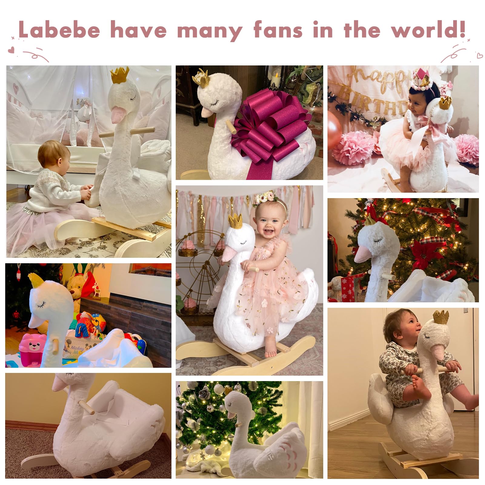 labebe Kids Rocking Horse White Swan, Stuffed Animal Wooden Rocker for Children 6 Months Boys and Girls/Nursery Christmas, Birthday Gift (Rocking Swan)