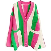 Unilexi Womens Loose Long Sleeve Rainbow Striped Cardigans Sweater Boho Color Block Chunky Knitted Tops