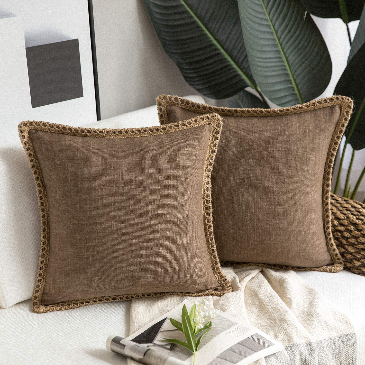 Photo 1 of Phantoscope Pack of 2 Farmhouse Decorative Solid Throw Decorative Pillow Cover Burlap Linen Trimmed Tailored Edges Coffee 18 x 18 inches, 45 x 45 cm