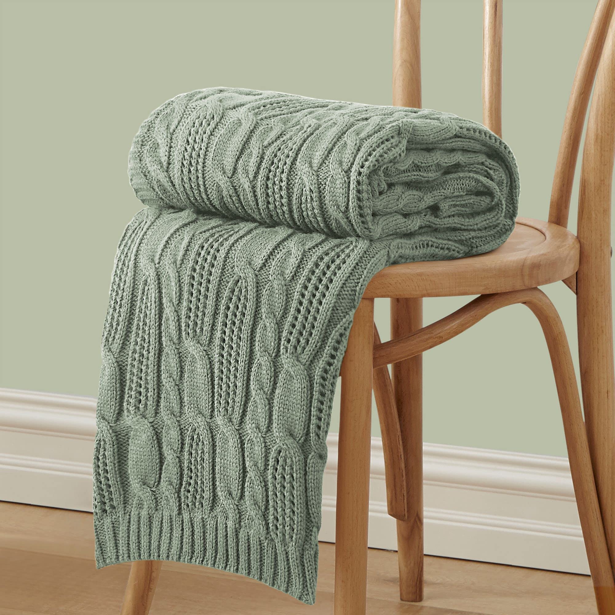 Aormenzy Cable Knit Throw Blankets 50 x 60 Inches, Soft Cozy and Lightweight Knitted Blanket, Machine Washable Acrylic Blanket, Decorative Throw Blanket for Couch Sofa Bed, Sage Green