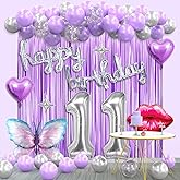 11th Birthday Decorations for Girls -Lavender Purple Silver Butterfly Happy 11 Years old Birthday Decor Set with Banner, Number 11 Balloons, Balloon Arch Kit.