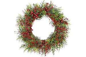 VioletEverGarden Artificial Christmas Wreath 22 Inch Christmas Wreaths for Front Door Large Winter Wreath with Pine Cones and Red Berries for Outdoor Indoor Holiday Xmas Celebration(Red)