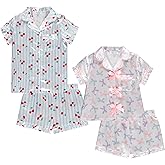 BTween Girls Satin Pajama Set 4 Pack, Short Sleeve Button-Down Sleepwear for Kids, Soft and Breathable Nightwear