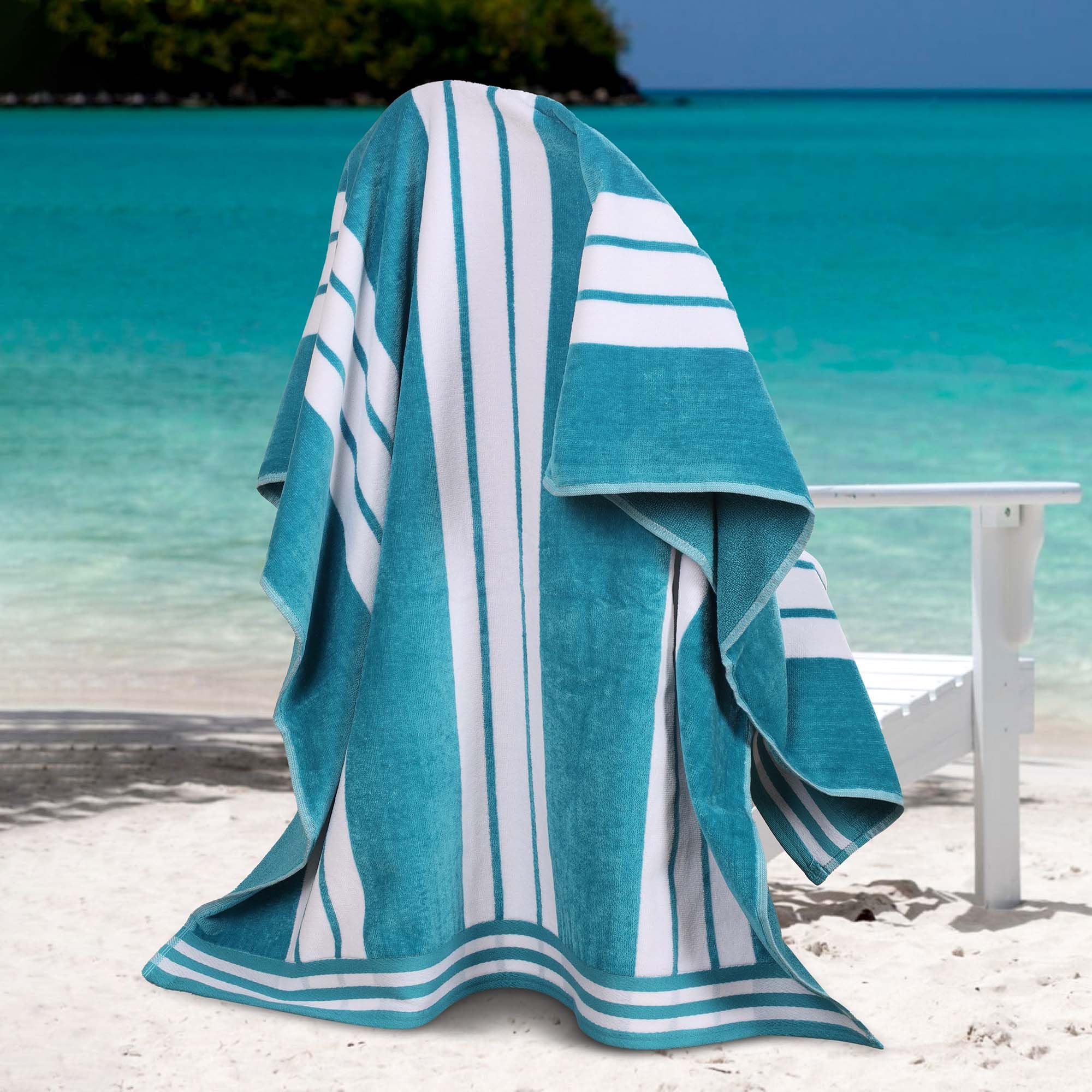 Superior Oversized Cotton Beach Towel Set of 4, Absorbent Towels for Bathroom, Beach, Pool, Swim, Adults, Kids, Vacation, Travel, Bath, Quick Dry Basics, Trip Essentials, Striped Decor, Turquoise Image