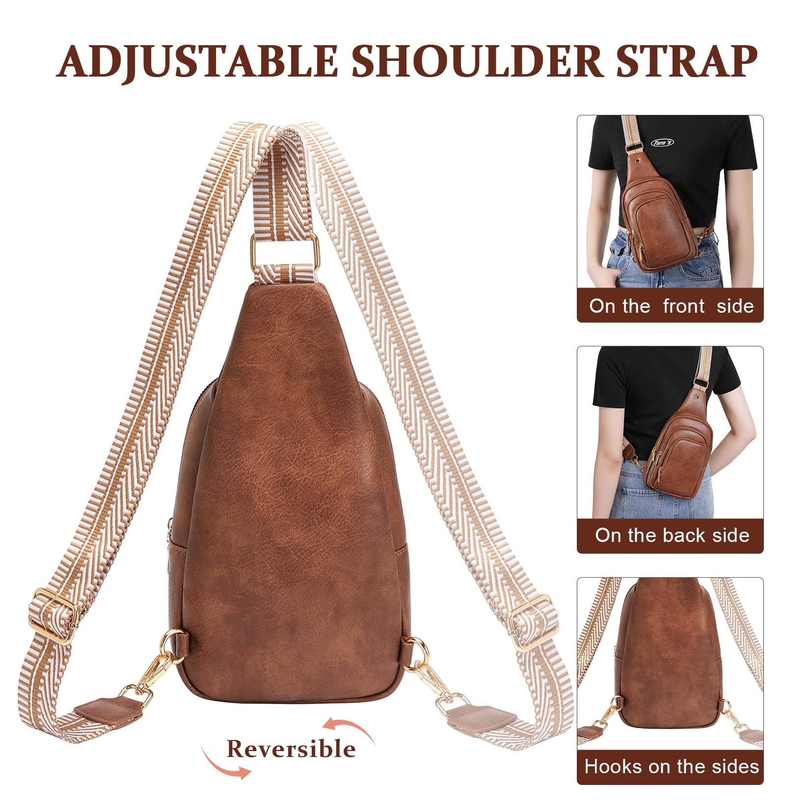 VNINE Small Sling Bag for Women Men Leather Crossbody Bags Fashionable Sling Backpack with Three Pocket Fanny Packs Chest Bag with Adjustable Strap (Brown)