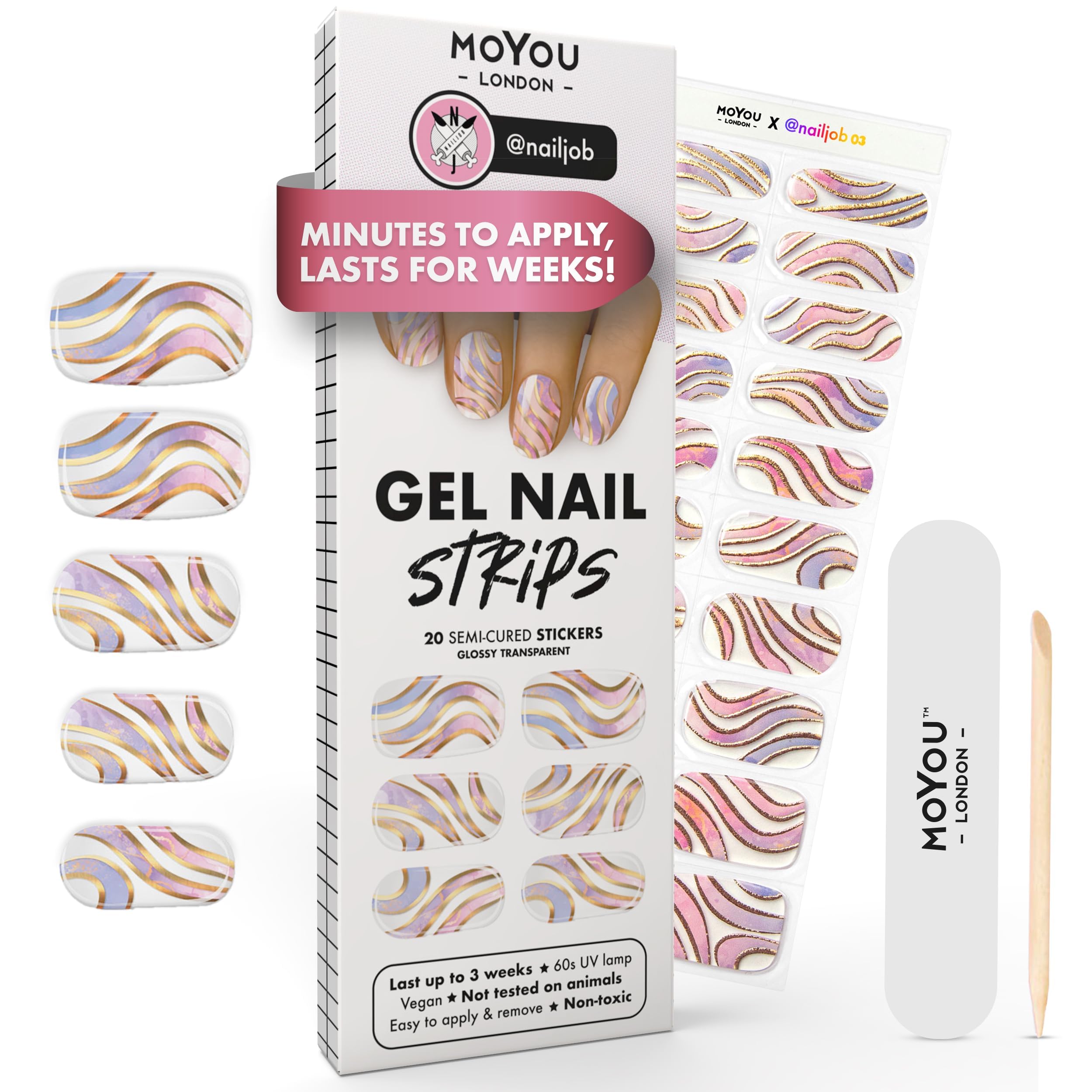 MOYOU LONDON Semi Cured Gel Nail Strips - 20 Pcs. Waterproof Gel Nail Wraps, Cures in Sunlight or UV/LED Lamp, Lasts Up to 2+ Weeks, Stretchable, Easy to Apply & Remove, Vegan & Cruelty-Free