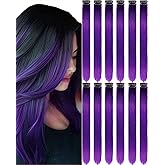 Olldag 12 PCS Purple Hair Extensions Clip in, 22-Inch Colored Hair Extensions Party Highlights Long Straight Synthetic Hairpieces for Women Halloween Christmas Cosplay