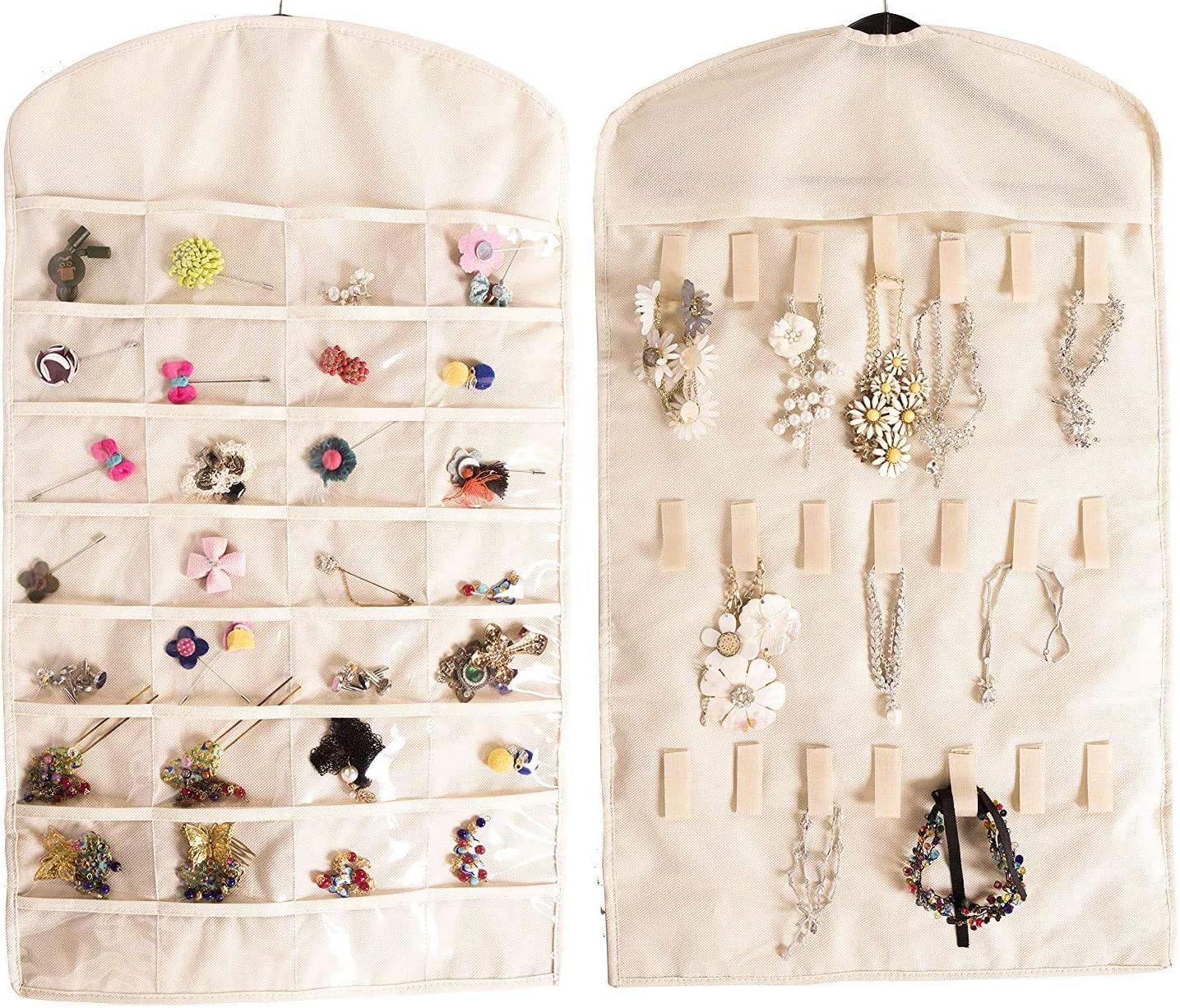 Didcant 32 Pockets Visible Hanging Jewelry Organizer Non-Woven Jewelry Holder Carrier with 18 Hook and Loops for Girls/Women Rings, Necklaces, Bracelets, Earrings (Beige)