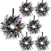 6 Pcs Small Halloween Hanging Wreaths with Black Foliage Purple Berries Orange Mini Pumpkins Purple Flowers Decor Balls Black Sheer Ribbon Gothic Mini Cabinet Wreath for Halloween Party Decor
