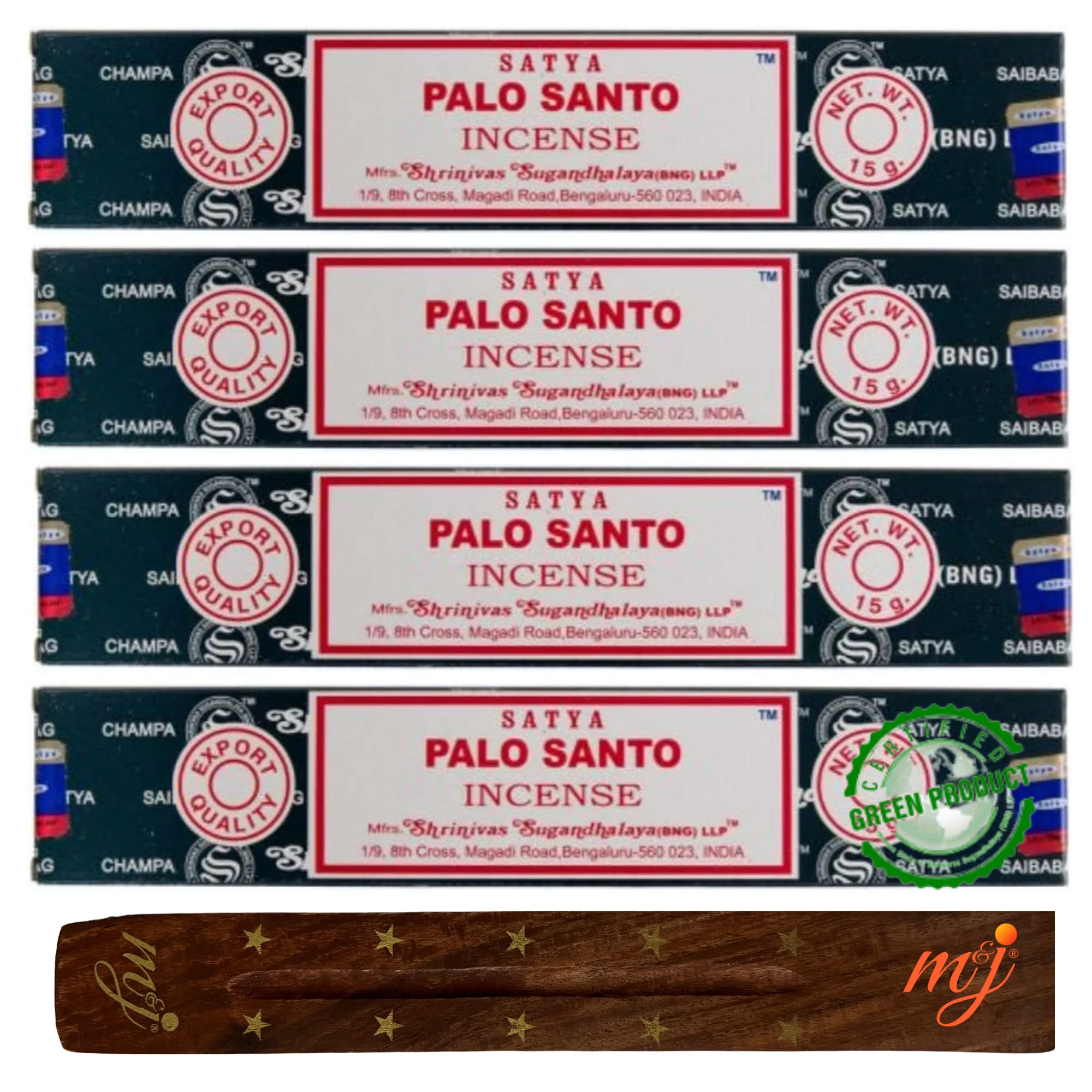 Original Satya Nag Champa Palo Santo Incense Sticks | with M&J incense sticks holder | x4 pack | for Aromatherapy, Spa, Yoga, Weddings, Meditation, Healing, Positivity and Relaxation — image 1