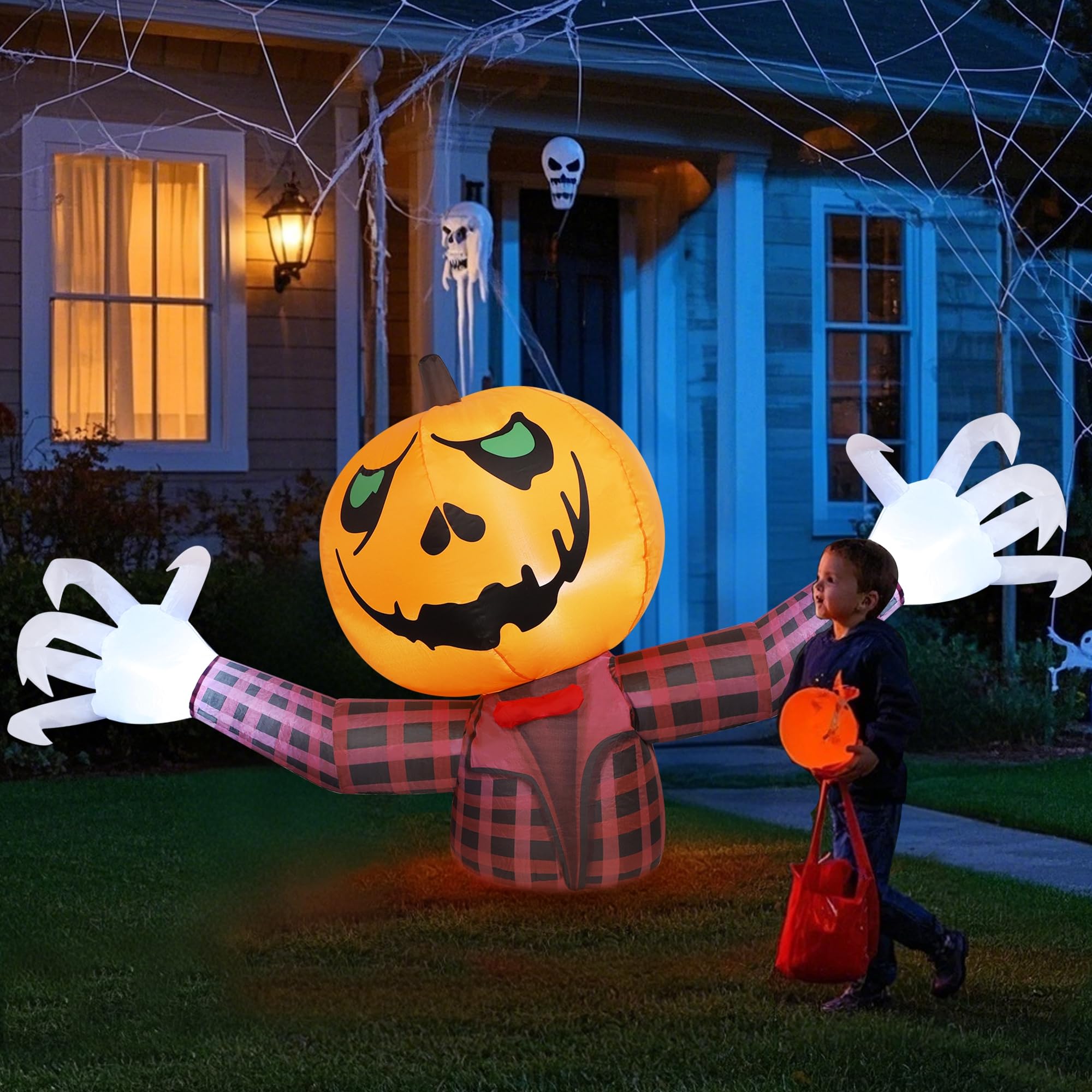 Photo 1 of Youngfan 7FT Long Halloween Inflatable Outdoor Decorations, Giant Pumpkin Ghost Blow Up for Yard, Porch, Lawn & Garden, Spooky LED Lighted Halloween Inflatables Decor