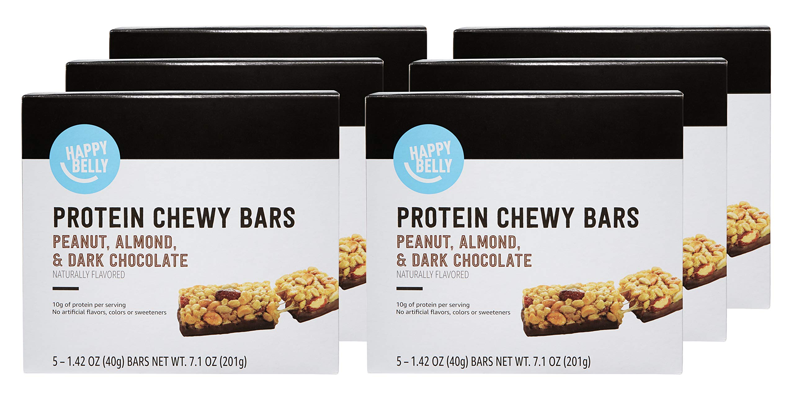 Photo 1 of  BB 08.16.25 Amazon Brand - Happy Belly Protein Chewy Bars, Peanut, Almond and Dark Chocolate, 5 Count (Pack of 6)