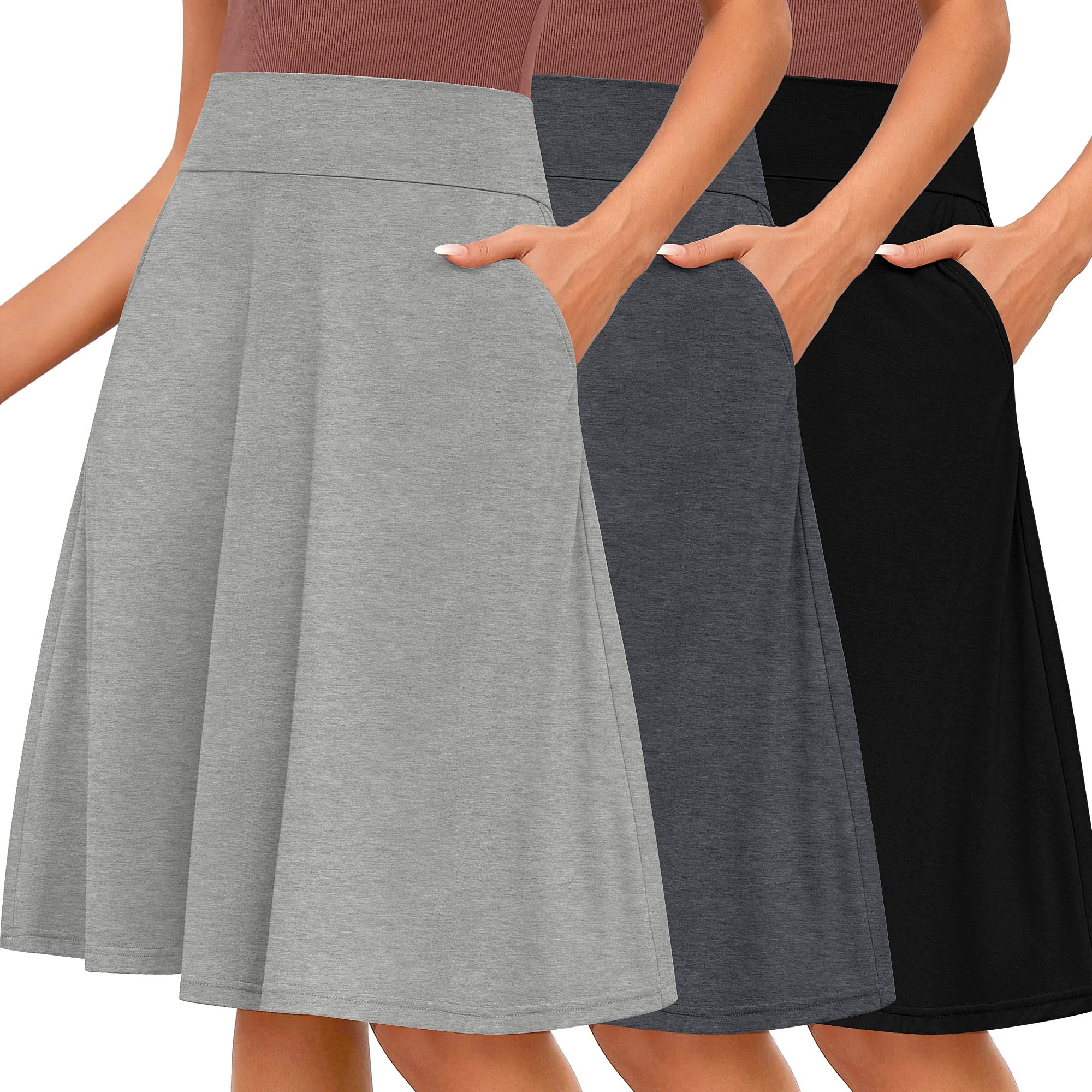 Photo 1 of Riyiper 3 Pack Women's Knee Length Skirts, Casual High Waisted Flared Midi A Line Summer Basic Pull-on Skirts with Pockets(Black, Dark Gray, Light Gray,S)