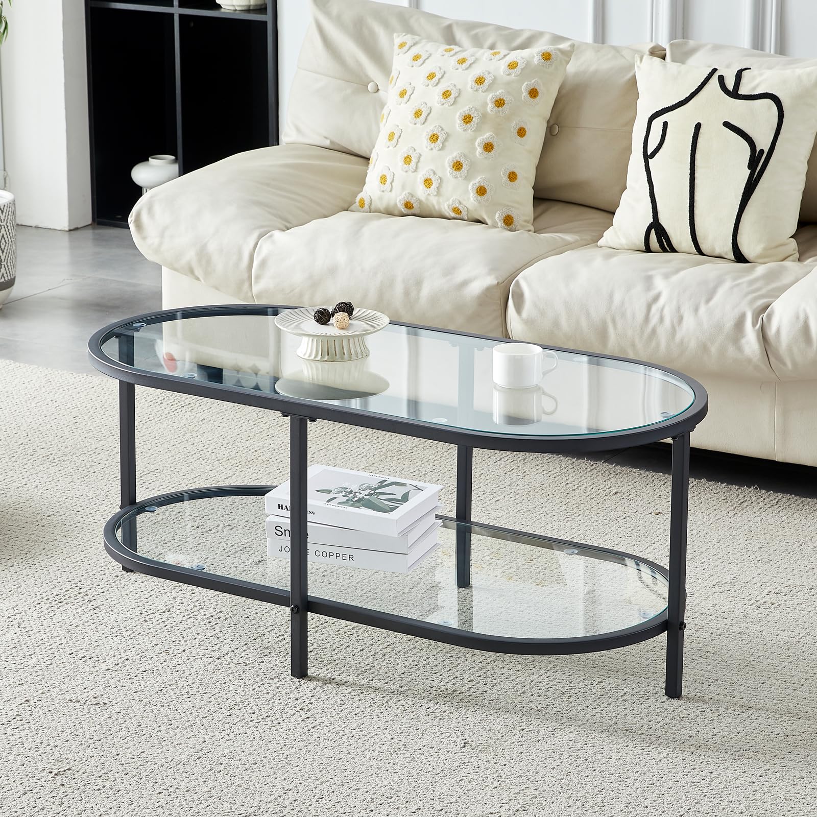 Photo 1 of Living Room Glass Coffee Table, Black Coffee Table, Modern 2-Tier Center Table with Metal Frame for Small Space, Apartment, Office.