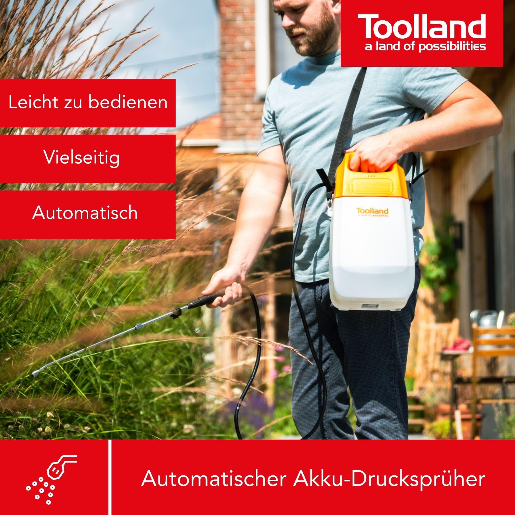 Toolland Elektrischer Drucksprüher 6L mit Lithium-Akku, Teleskoplanze und Verstellbarer Edelstahldüse. Ideal für Pflanzen, Unkrautbekämpfung und Terrassenreinigung 2