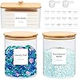Glass Laundry Pods Container & Acrylic Dryer Sheet Holder with Bamboo Lids, Scoops & Labels | Premium Laundry Room Organizati