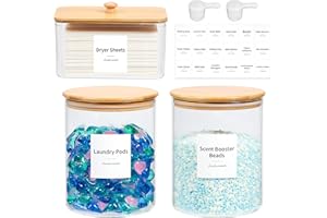 Glass Laundry Pods Container & Acrylic Dryer Sheet Holder with Bamboo Lids, Scoops & Labels | Premium Laundry Room Organizati