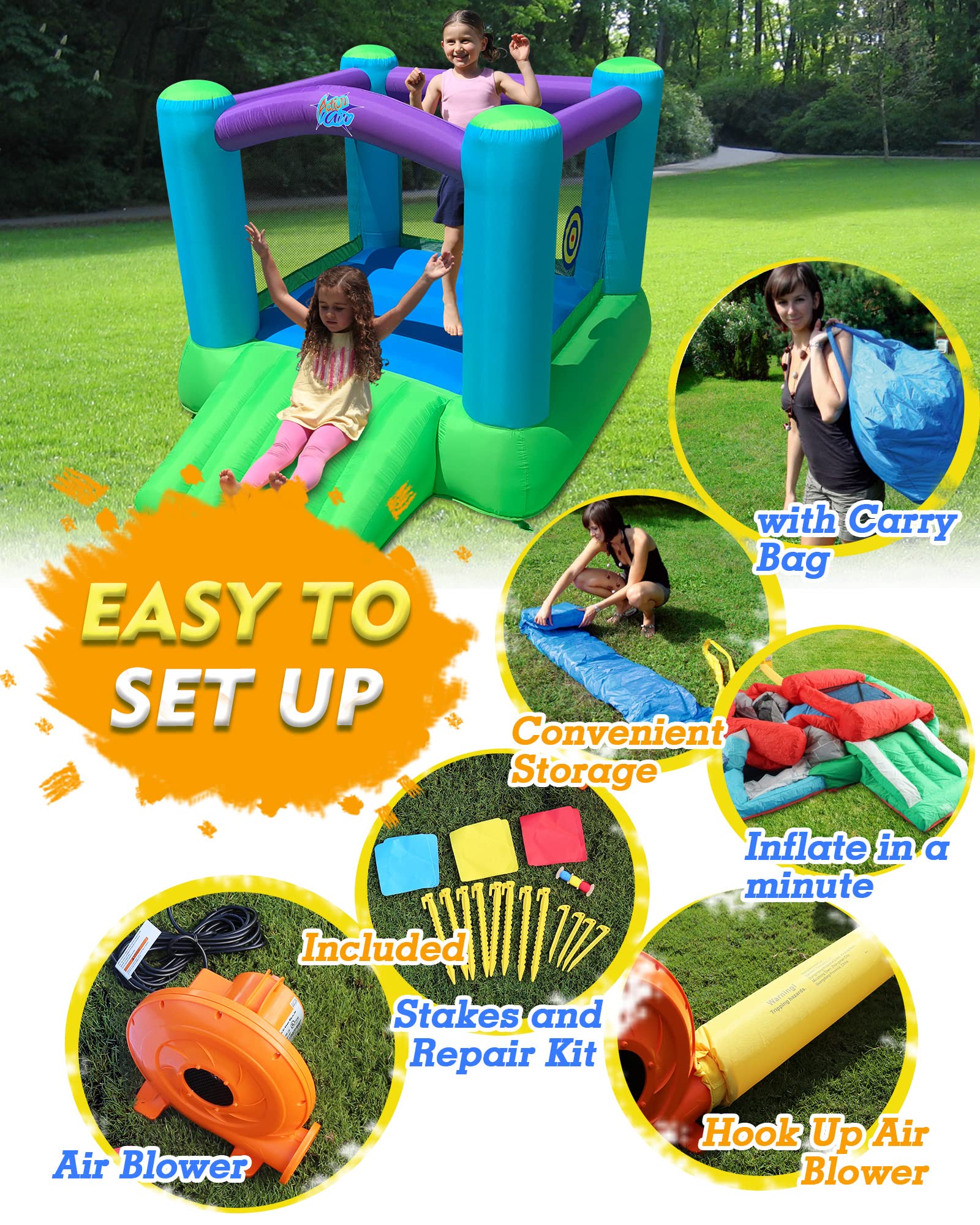 Action Air Bounce House - Inflatable Bouncing House with Blower for Indoor & Outdoor - Jump Bouncy Castle with Slide - Durable Sewn and Extra Thick, Love for Kids (3-5 Years)