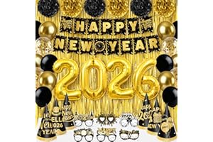 MIUCAT New Year Decorations 2026, Black Gold New Years Eve Party Supplies 2026 with Happy New Year Banner Cone Hat Paper Glasses Fringe Curtains 32inch 2026 Balloons for Happy New Years 2026 Decorations