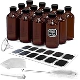 Nevlers Amber Glass Bottle 12 Pack | 8 Oz Vanilla Extract Bottles Set | 8oz Amber Glass Jars with Lids, Shrink Wrap, Labels, Funnel & More | Use for Ginger Shots & Vanilla Bottles for Gift Giving
