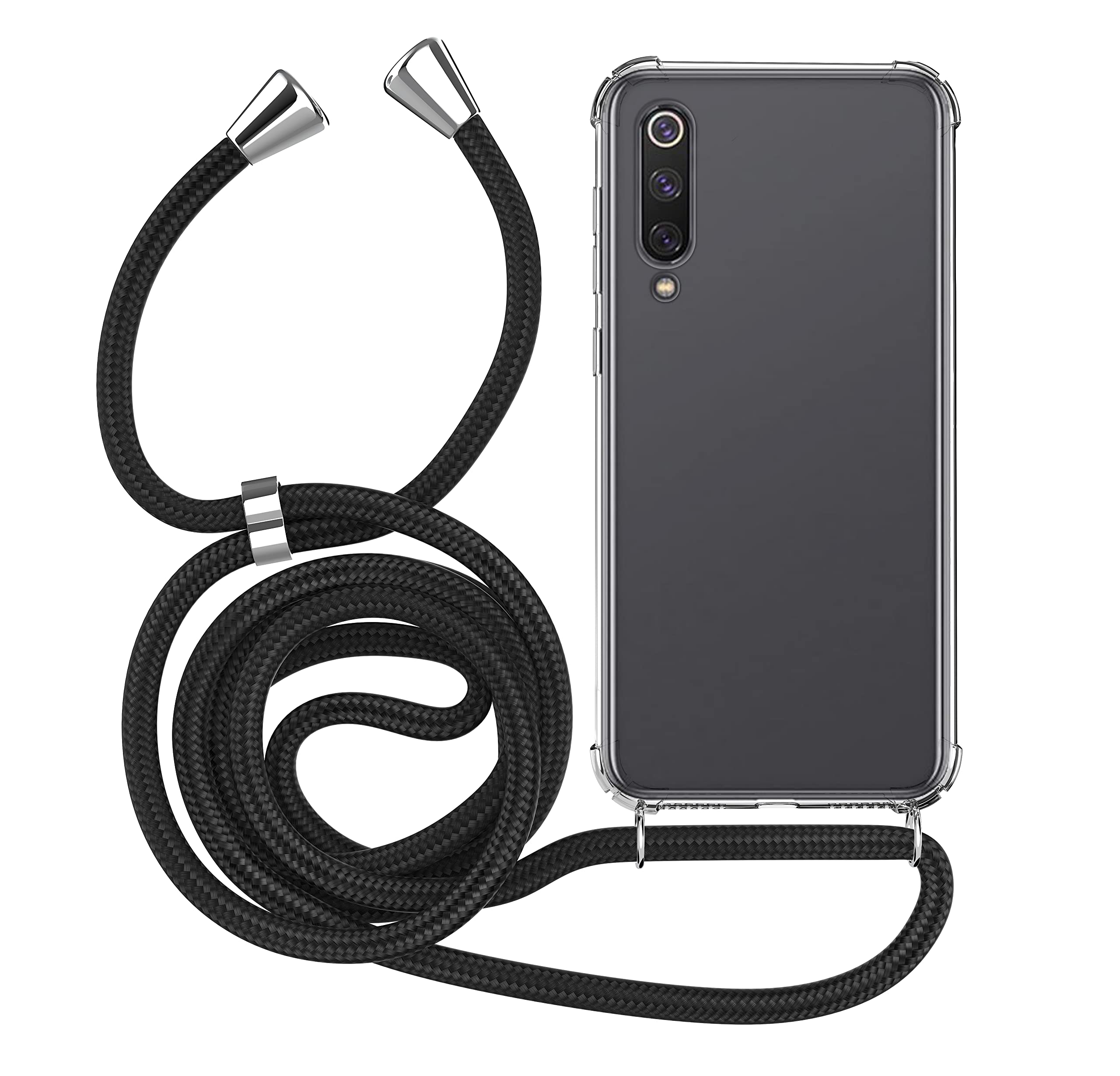 MyGadget Strap Case for Xiaomi Mi 9 - Crossbody Phone Cover - TPU Silicone Case with Neck Holder - Cord Lanyard Carrier with Rope in Black