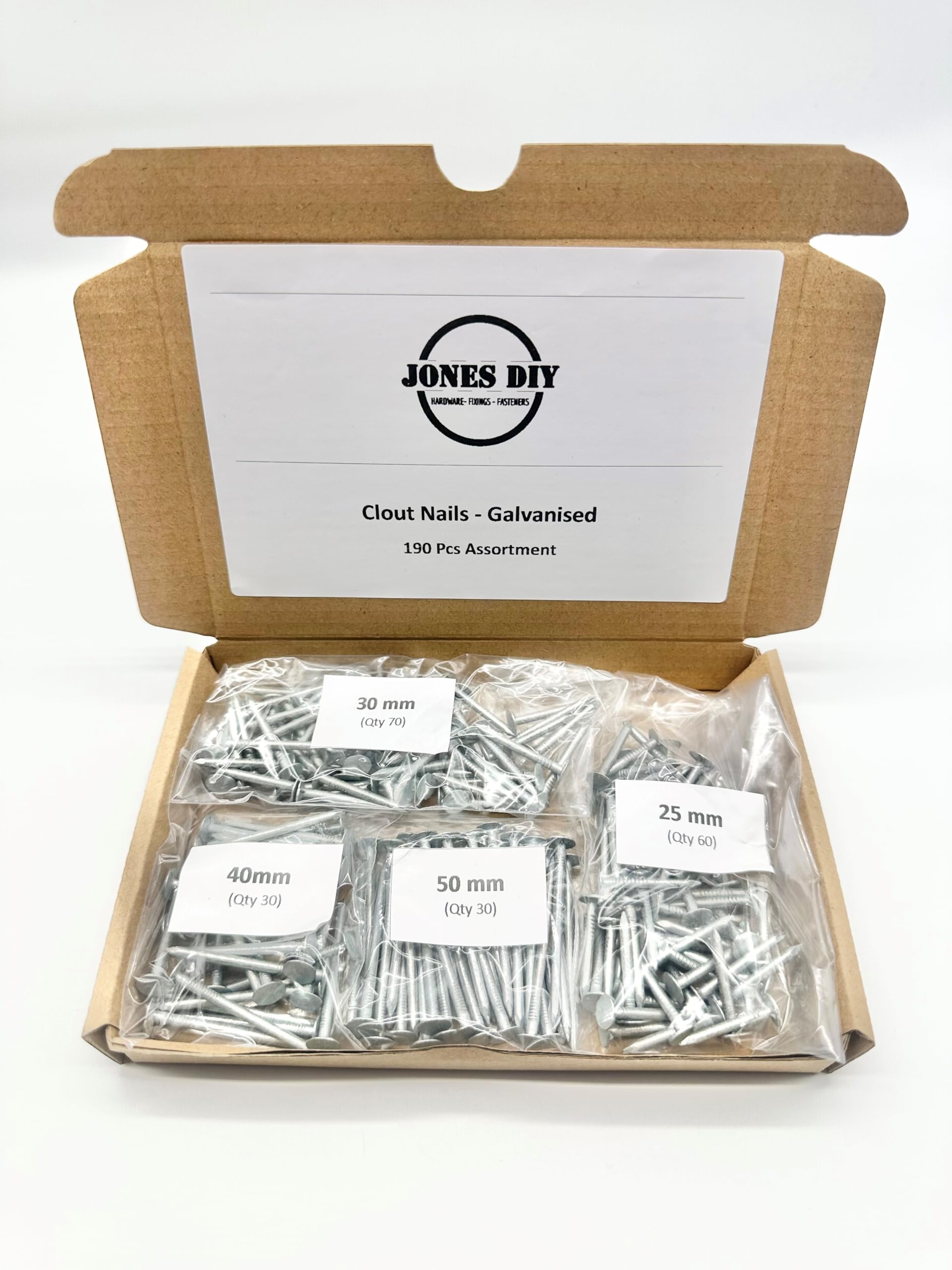 190 pc Premium Galvanised Clout Nail Assortment Postal Box (25mm, 30mm, 40mm and 50mm)