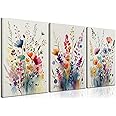 KISSFOX Framed Colorful Wildflower Canvas Wall Art Set Of 3 Flowers Pictures Prints Flowers Printing Floral Watercolors Flower wall Decor Living Room Girls Bedroom Bathroom