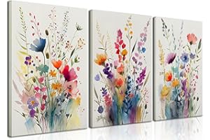 KISSFOX Framed Colorful Wildflower Canvas Wall Art Set Of 3 Flowers Pictures Prints Flowers Printing Floral Watercolors Flower wall Decor Living Room Girls Bedroom Bathroom